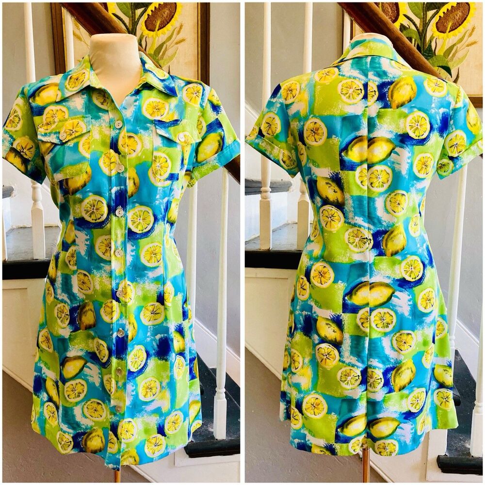 1990s Hawaiian-inspired Shirt Dress Mini Lemon Print Y2k Shell Buttons Twee